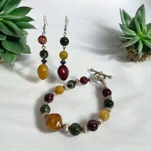 Boho Glass Bead Bracelet and Dangle Earrings Set